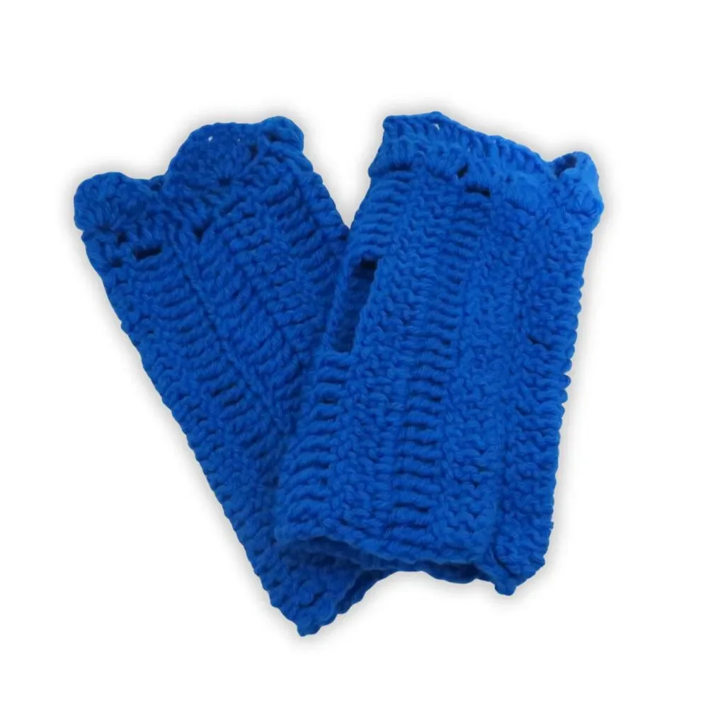 Handmade Crocheted Fingerless Gloves, Royal Blue Fingerless Mittens Women Ruffle